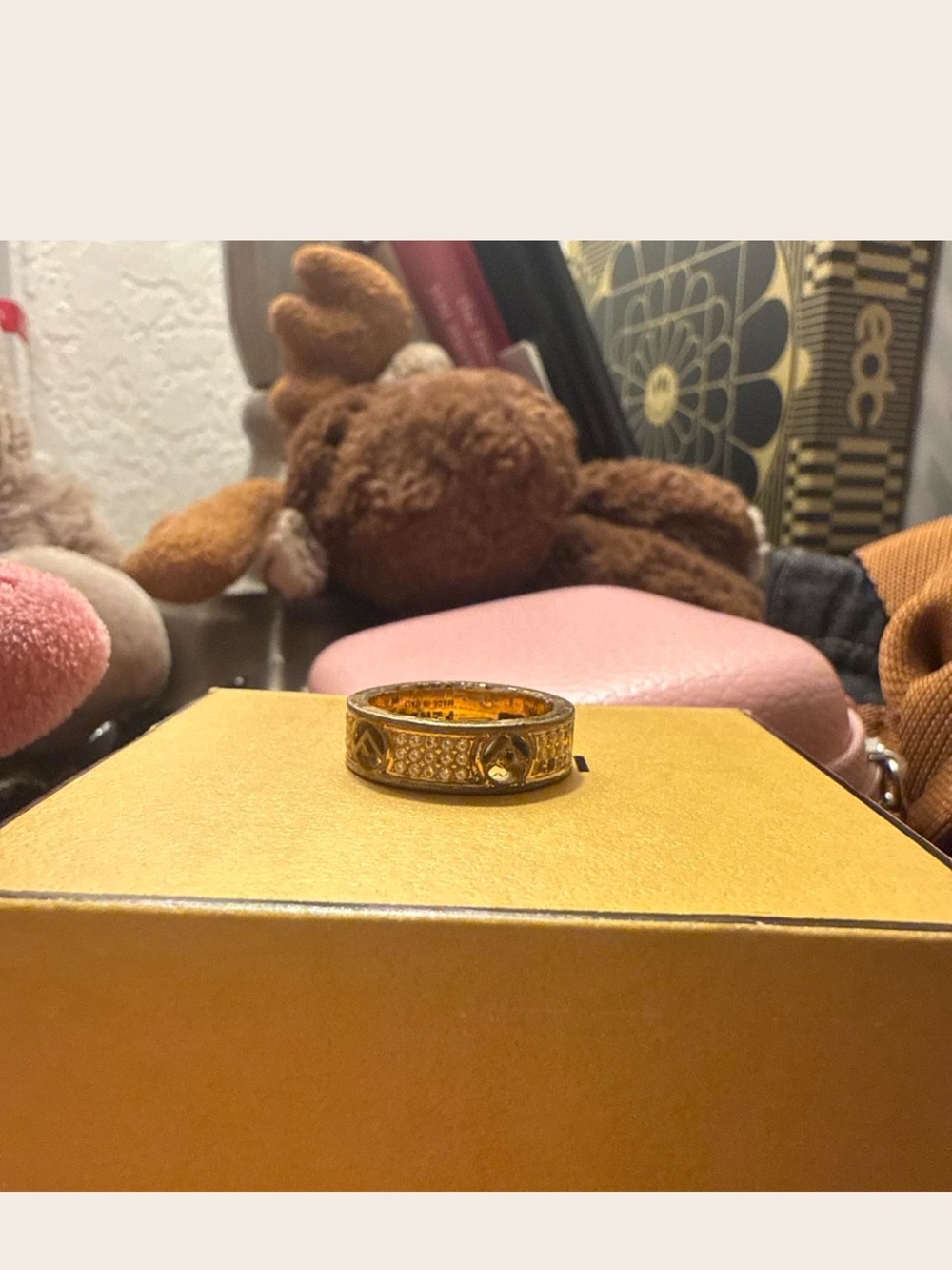 Fendi Gold-Tone Textured Band Ring with Heart Motifs